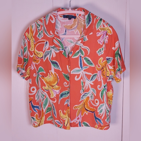 Rachel Roy Colorful Linen Blend Cropped Button Front Blouse Size Medium Tropical - Picture 10 of 10
